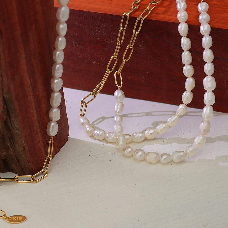 French Fashionable Versatile Choker Necklace Freshwater Pearl Splicing 18K PVD Gold Plated for Women - Image 2