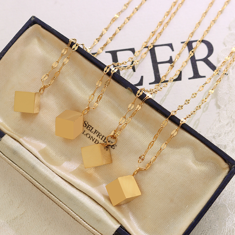 European Ins Style Retro 3D Square Pendant Necklace Titanium Steel 18K PVD Gold Plated Fashion Jewelry - Image 2
