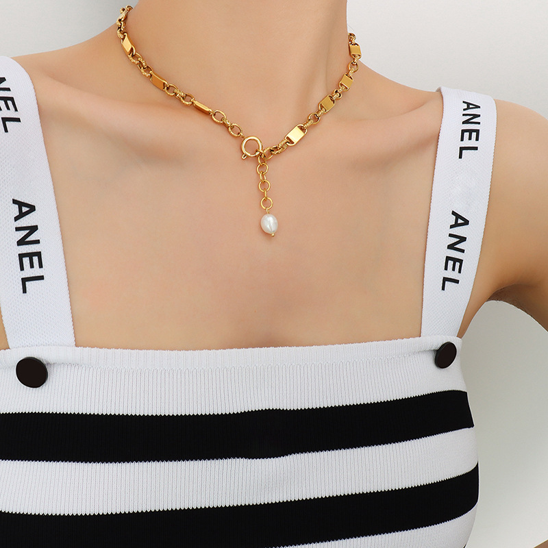 Korean Ins Freshwater Pearl Choker Necklace Titanium Steel 18K PVD Gold Plated Neck Chain Jewelry - Image 2