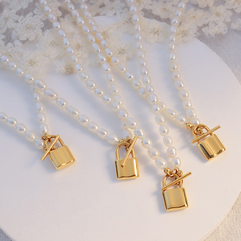 European Ins Cold Minimalist Freshwater Pearl OT Clasp Lock Necklace Titanium Steel 18K PVD Gold Plated Jewelry - Image 6