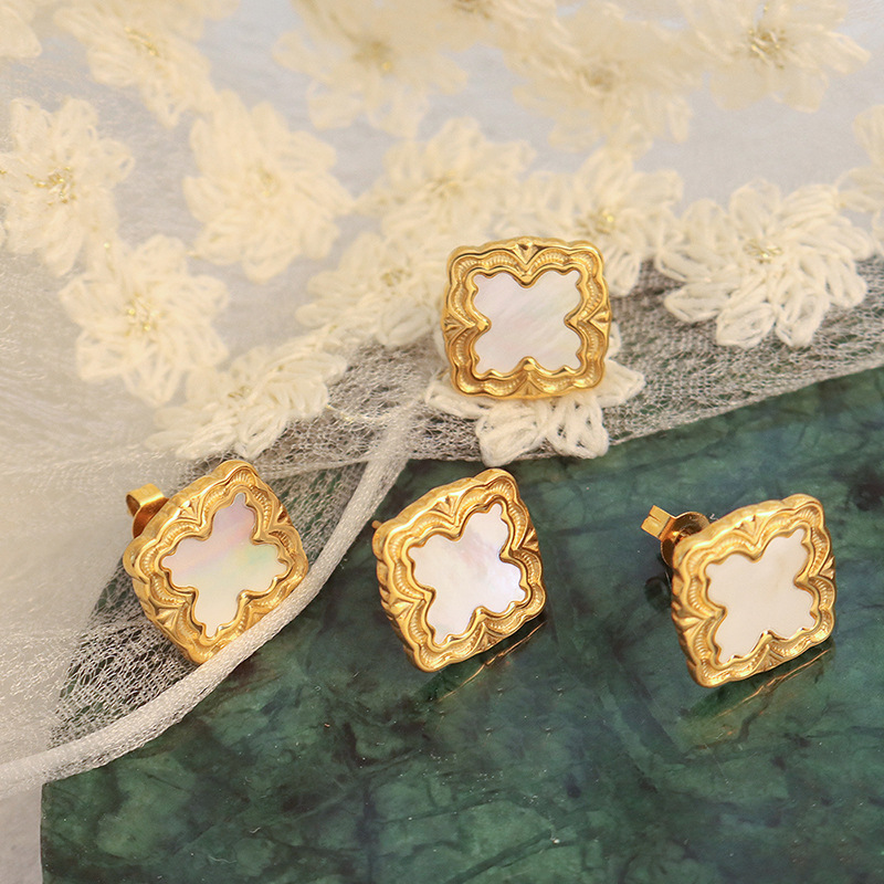 European vintage square white shell stud earrings lightweight niche titanium steel 18k PVD gold plated earrings - Image 2