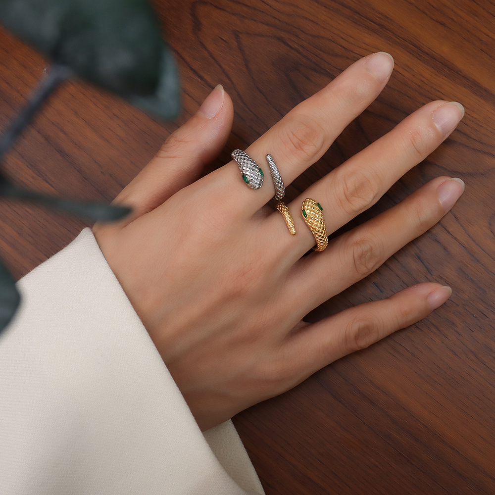 European Small Designer Luxury Jewelry Titanium Steel 18K PVD Gold Plated Geometric Snake Shape Open Ring - Image 6