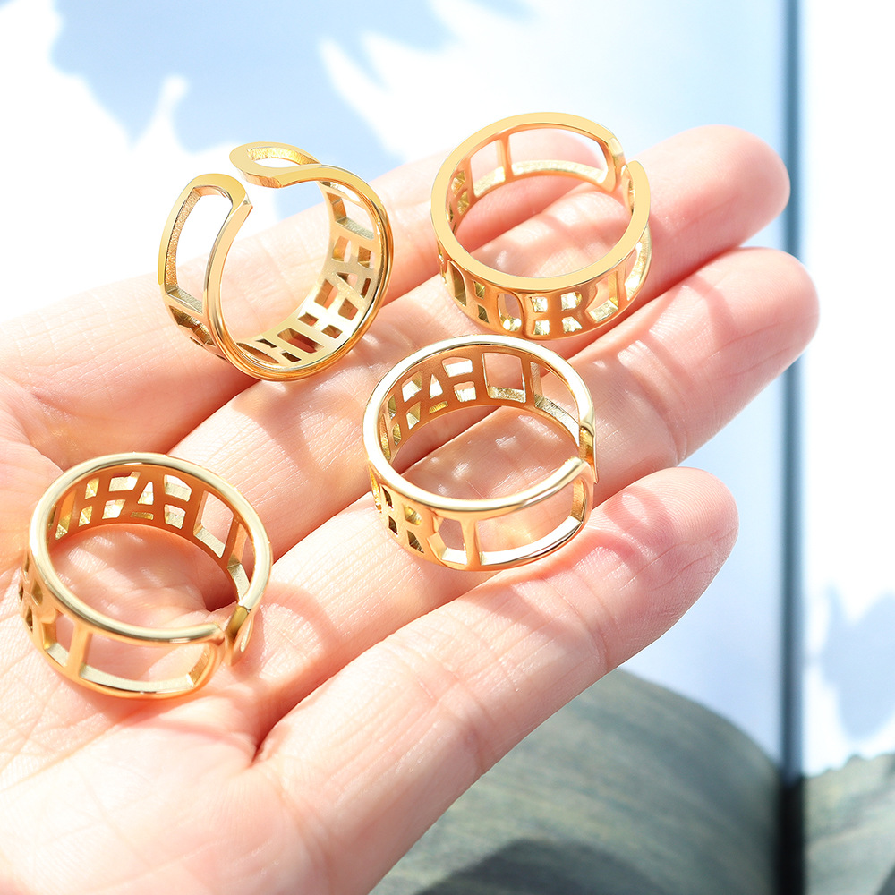 Open Adjustable Letter Hollow Ring Unisex Titanium Steel 18K PVD Gold Plated Tail Ring Jewelry - Image 2