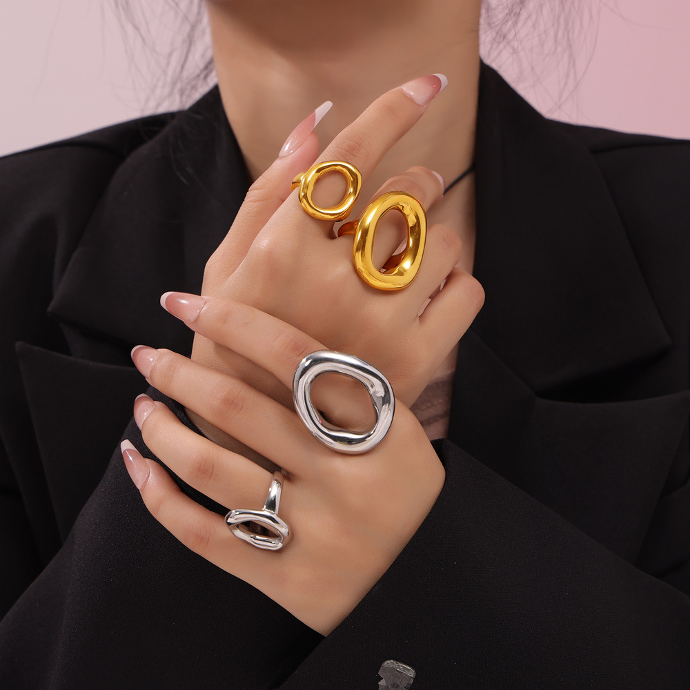 Ins Style Korean Casual Minimalist Geometric Hollow Irregular Circle Titanium Steel Gold Plated Ring Jewelry - Image 2