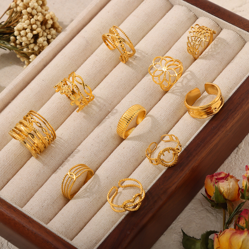 Fashionable Commuter Simple Geometric Hollow Multi-Layer Texture Spliced Design Titanium Steel Open Ring - Image 2