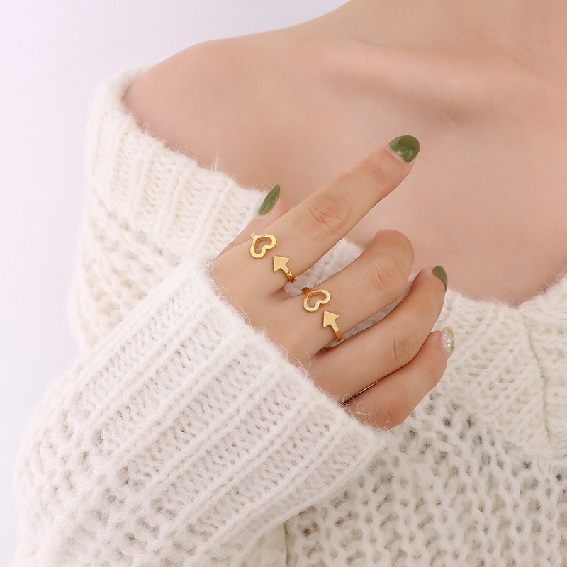 European Cold Minimalist Arrow Heart Open Adjustable Ring with Titanium Steel 18K PVD Gold Plated Jewelry - Image 4