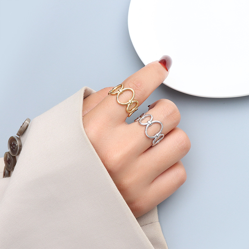 European Exaggerated Hiphop Geometric Oval Punk Ring for Women Finger Ring Open with Titanium Steel 18K PVD Gold Plated - Image 2
