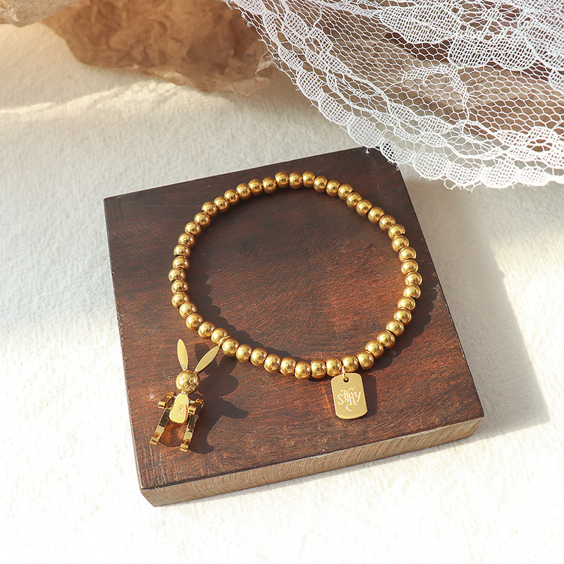 Minimalist Luxe Rabbit Design Titanium Steel Bracelet 18K PVD Gold Plated Elastic Bead Bracelet Jewelry - Image 2