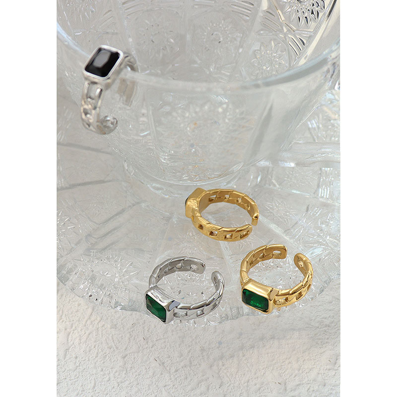 French Inspired Small Chain Black Faceted CZ Ring for Women Open Finger Ring with Titanium Steel 18K PVD Gold Plating - Image 9