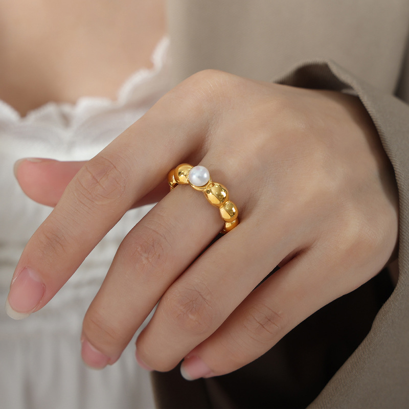 European High-End Titanium Steel Gold Plated Freshwater Pearl Ring Jewelry for Women Luxury Accessory - Image 8
