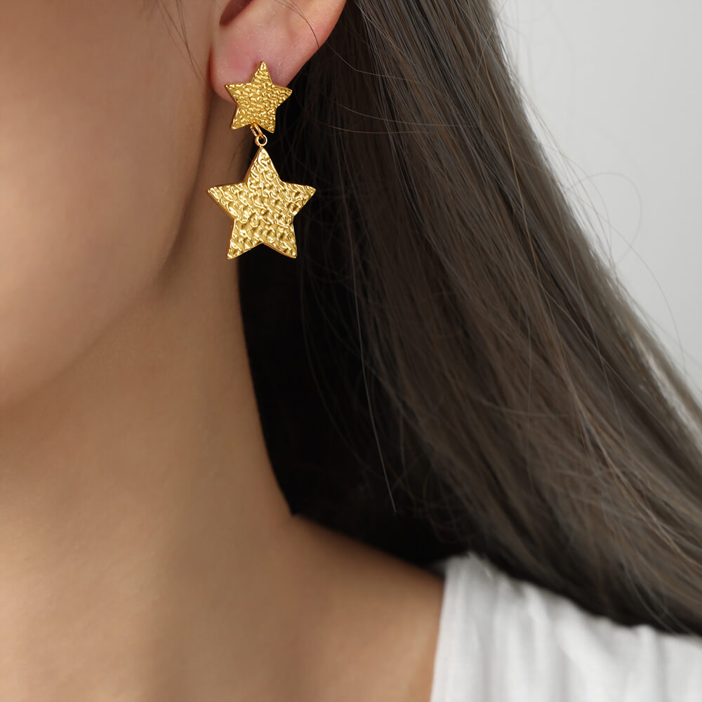 Korean trendy titanium steel 18k PVD gold plated heart and star dangle earrings lightweight stylish jewelry for women - Image 2