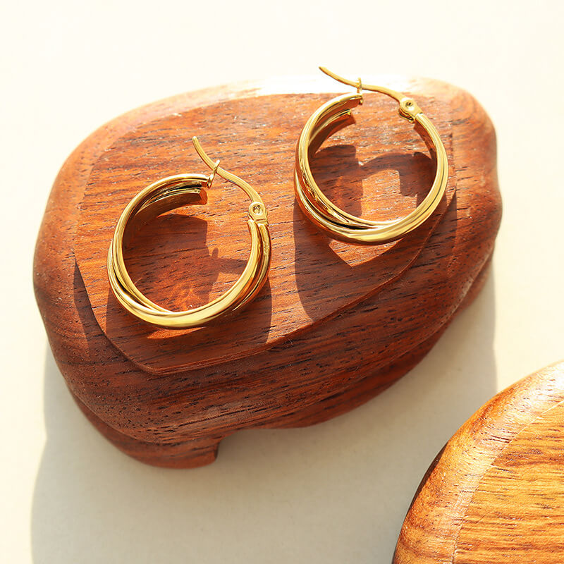 European INS Minimalist Dual Tone U Shaped Earrings 18K Gold PVD Plated Stainless Steel - Image 2