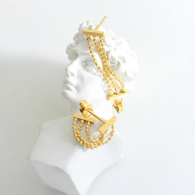 Cross-border hot-selling triple bead tassel earrings titanium steel 18k PVD gold plated trendy niche jewelry wholesale - Image 5
