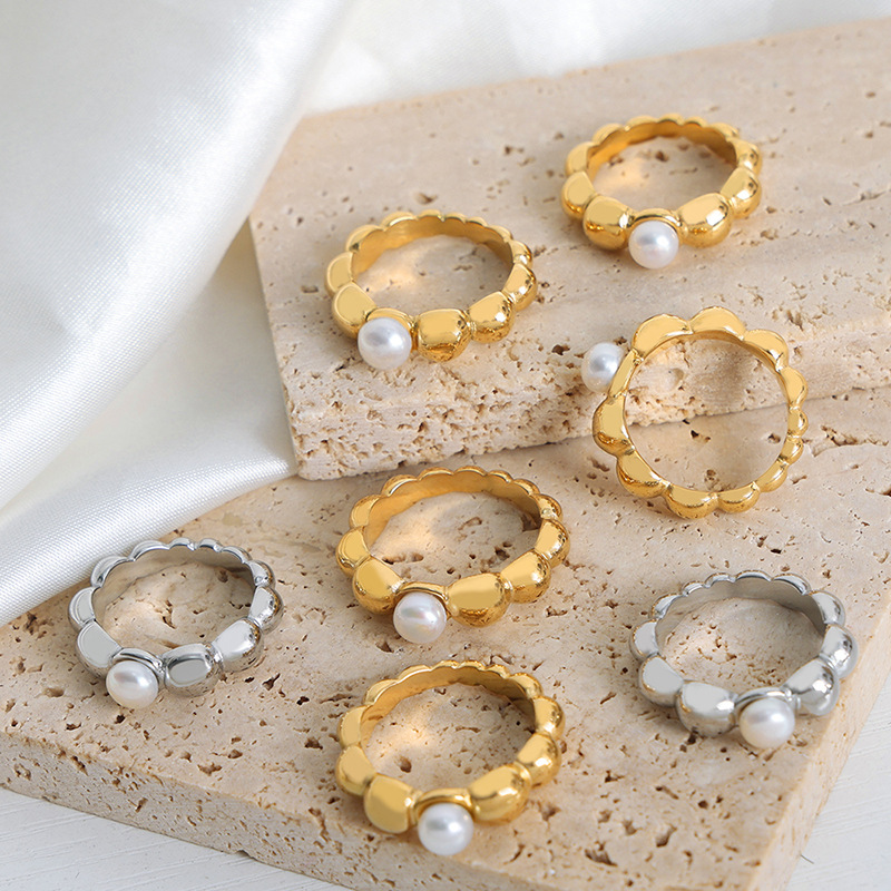European High-End Titanium Steel Gold Plated Freshwater Pearl Ring Jewelry for Women Luxury Accessory - Image 2