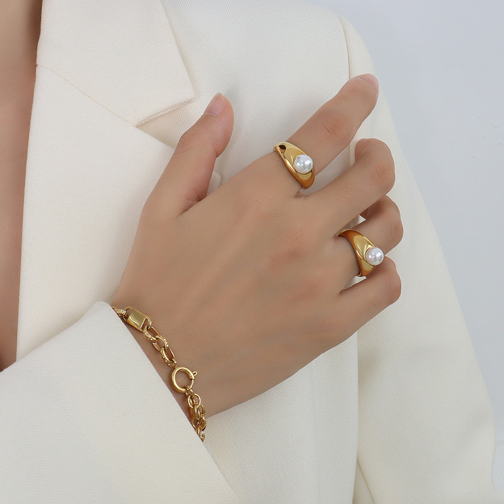 French Ins Style Small Designer Imitation Pearl Ring Titanium Steel 18K PVD Gold Plated Stackable Finger Ring for Women - Image 5