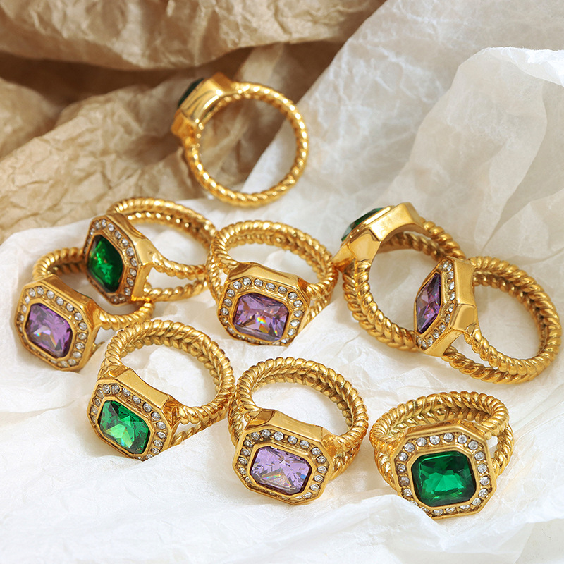Hip-Hop Bold Fashionable Geometric Ring Inlaid with Purple Zircon and Green Crystal Titanium Steel 18K PVD Gold Plated - Image 2