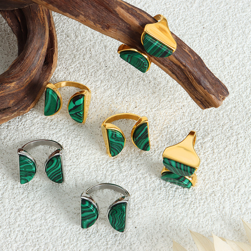 Retro Luxury Double Semi-Circle Open Ring Natural Peacock Green Turquoise Titanium Steel 18K PVD Gold Plated Jewelry for Women - Image 2