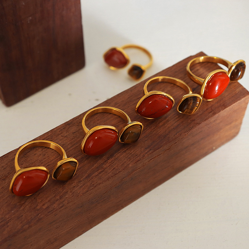 Hot Selling Retro Unisex Natural Red Tiger Eye Stone Ring Titanium Steel 18K PVD Gold Plated Finger Ring Creative Jewelry - Image 2