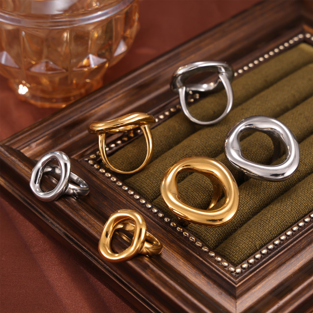 Ins Style Korean Casual Minimalist Geometric Hollow Irregular Circle Titanium Steel Gold Plated Ring Jewelry - Image 3