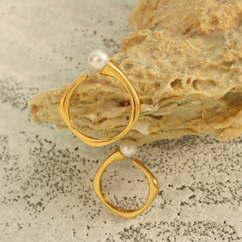 French New Style Vintage Fashion Faux Pearl Open Ring with Titanium Steel Gold Plated Finger Jewelry - Image 2