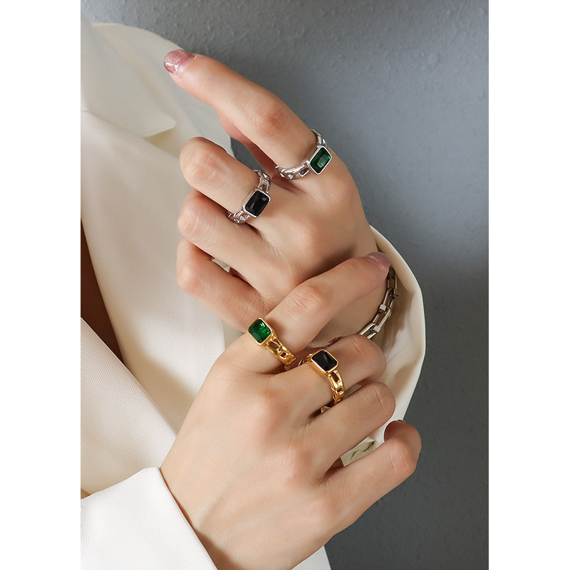 French Inspired Small Chain Black Faceted CZ Ring for Women Open Finger Ring with Titanium Steel 18K PVD Gold Plating - Image 2