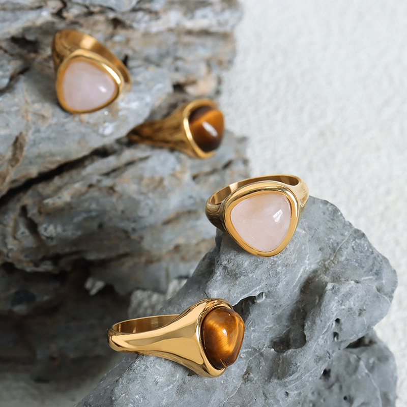 European Hot Selling Natural Rose Quartz and Tiger Eye Stone Vintage Luxury Elegant Couple Rings Titanium Steel - Image 5