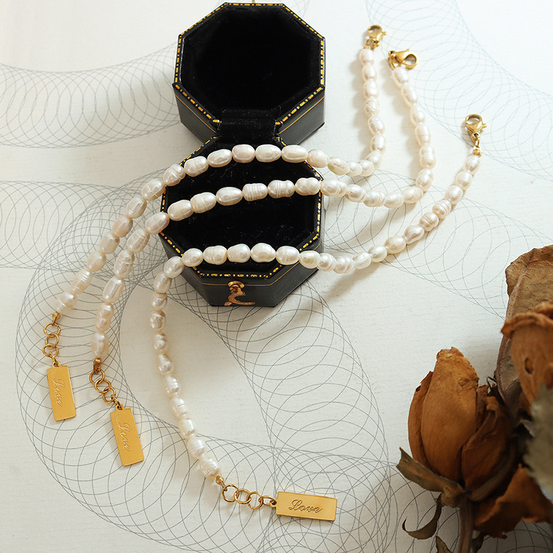 French-Inspired Titanium Steel 18K PVD Gold Plated Alphabet Pendant and Freshwater Pearl Bracelet - Image 2
