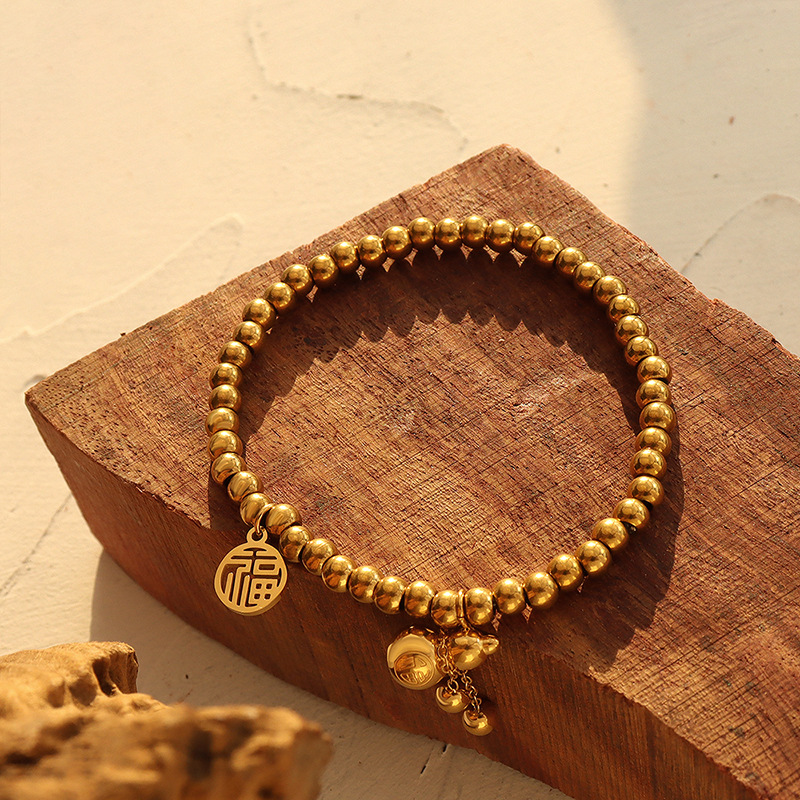 Chinese-Inspired Fook Lucky Bead Bracelet for Women 18K PVD Gold Plated Titanium Steel - Image 3