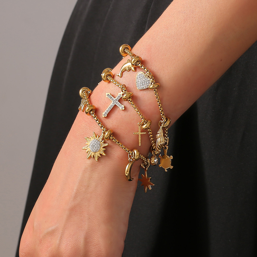 Retro Box Chain Bracelet with Multi-Pendant Design 18K PVD Gold Plated Titanium Steel Jewelry - Image 2