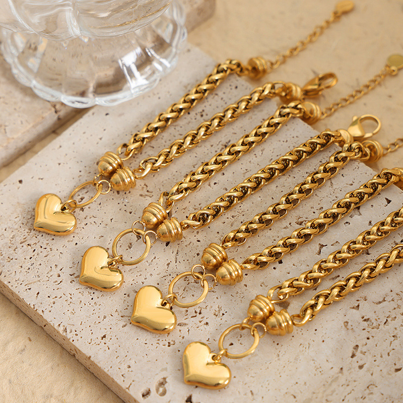 Geometric Chain Bracelet with Heart Pendant 18K PVD Gold Plated Titanium Steel Elegant Design Jewelry - Image 2