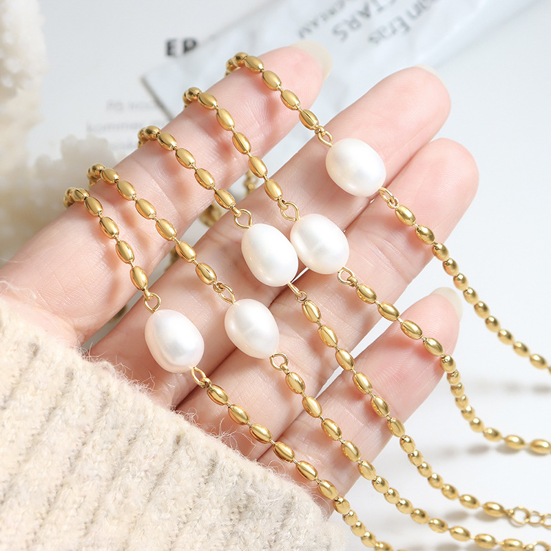 Freshwater Pearl Bead Chain Bracelet Unisex Trendy 18K PVD Gold Plated Titanium Steel for Friends - Image 4