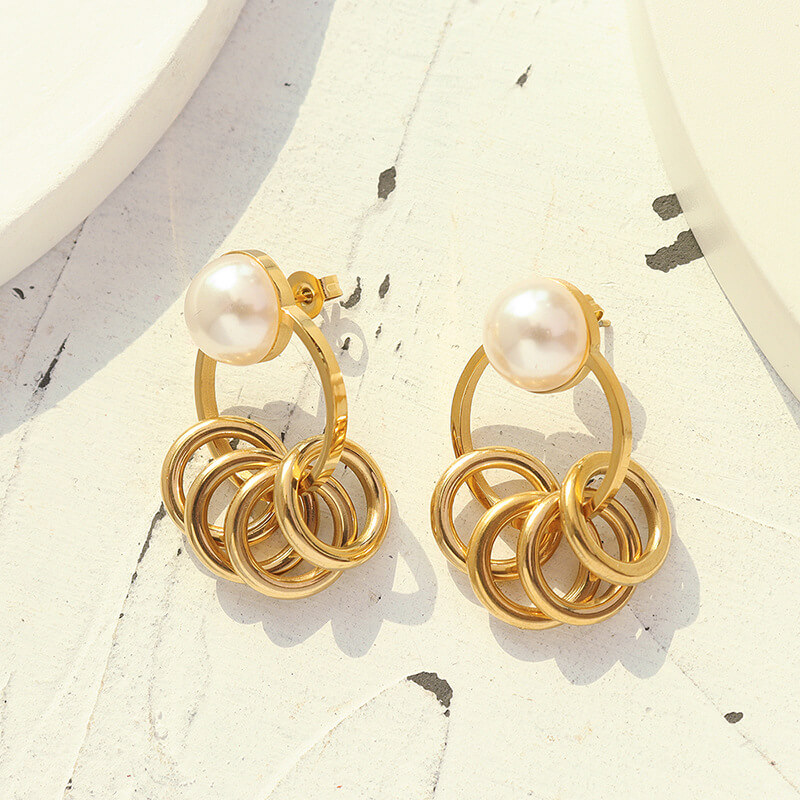 European retro double hoop pearl drop earrings titanium steel 18k PVD gold plated lightweight earrings wholesale - Image 5