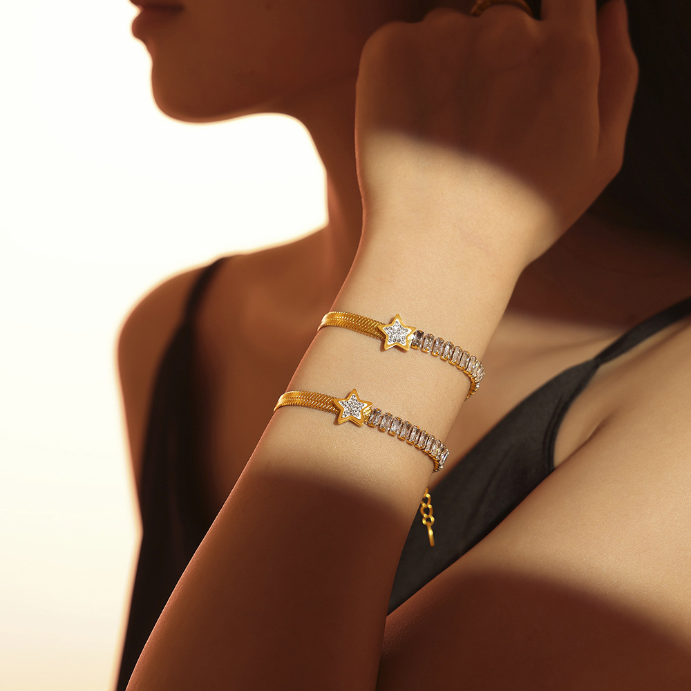 French INS Blade Chain Pentagram Rectangle Zircon Bracelet Luxe 18K PVD Gold Plated Titanium Steel Jewelry - Image 3