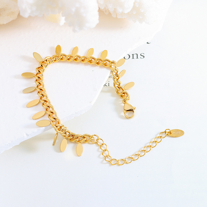 Thai Style Simple Chain Leaf Tassel Bracelet 18K PVD Gold Plated Titanium Steel Jewelry - Image 2