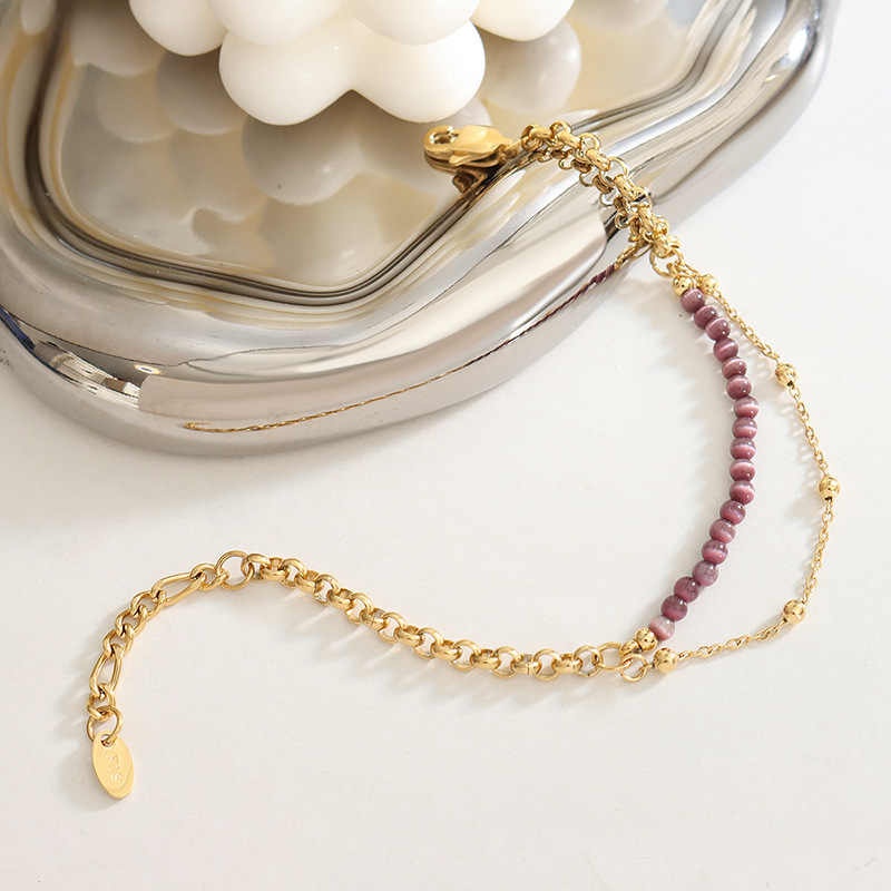 Trendy Casual Cat Eye Stone Double-Layer Chain Bracelet 18K PVD Gold Plated Titanium Steel Jewelry - Image 2