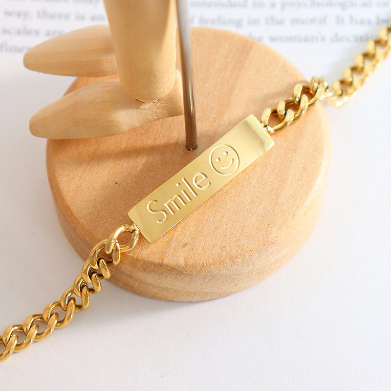 Hip Hop Style Square Plate Pendant Chunky Chain Bracelet 18K PVD Gold Plated Titanium Steel Smile Face - Image 2
