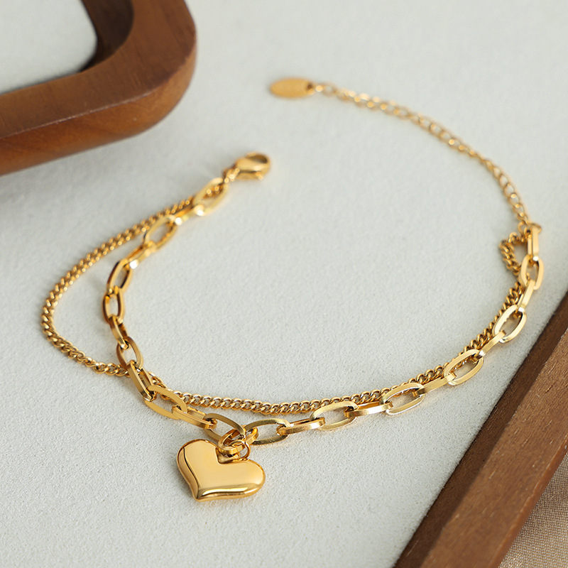 European Style Double-Layer Heart Pendant Bracelet 18K PVD Gold Plated Titanium Steel Jewelry for Women - Image 4