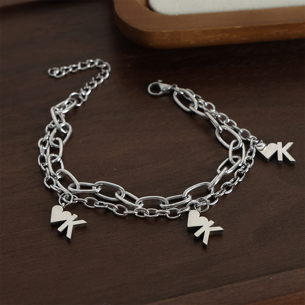 European Style Fashion Cold Titanium Steel 18K PVD Gold Plated Double Heart Pendant Bracelet for Men - Image 2