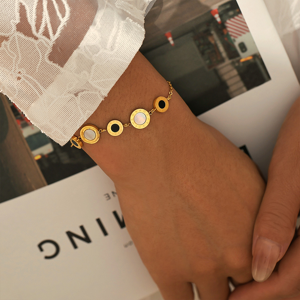 Luxury Black and White Roman Numeral Titanium Steel 18K PVD Gold Plated Couple Bracelet - Image 2