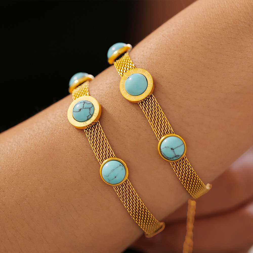 European Style Wide Mesh Round Turquoise Bracelet Vintage Design Titanium Steel 18K PVD Gold Plated Jewelry - Image 2