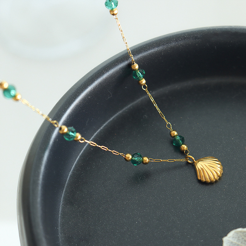 Korean Trendy Crystal Bead Seashell Pendant Necklace Ins Style 18K PVD Gold Plated Stainless Steel - Image 2
