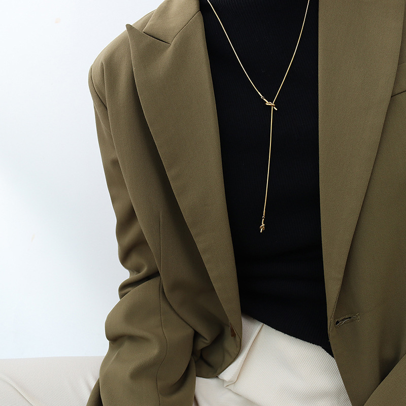 Korean Ins Fashion Fall Winter Long Heart Knot Sweater Chain Adjustable Length 18K PVD Gold Plated Necklace for Women - Image 3