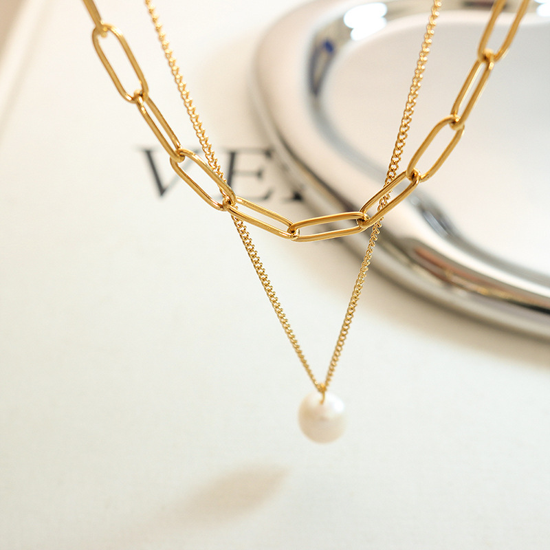 European Ins Trendy Minimalist Freshwater Pearl Pendant Multi-Layered Necklace 18K PVD Gold Plated Choker Necklace for Women - Image 2