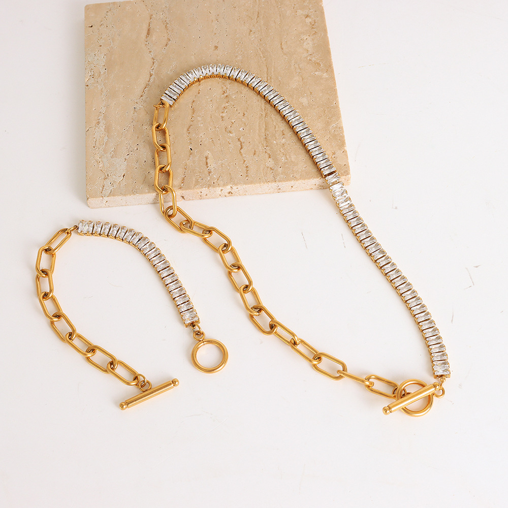 European Minimalist Trendy Bold Chain OT Buckle Zircon Necklace Hip-Hop Non-Fading Bracelet Jewelry Set - Image 2