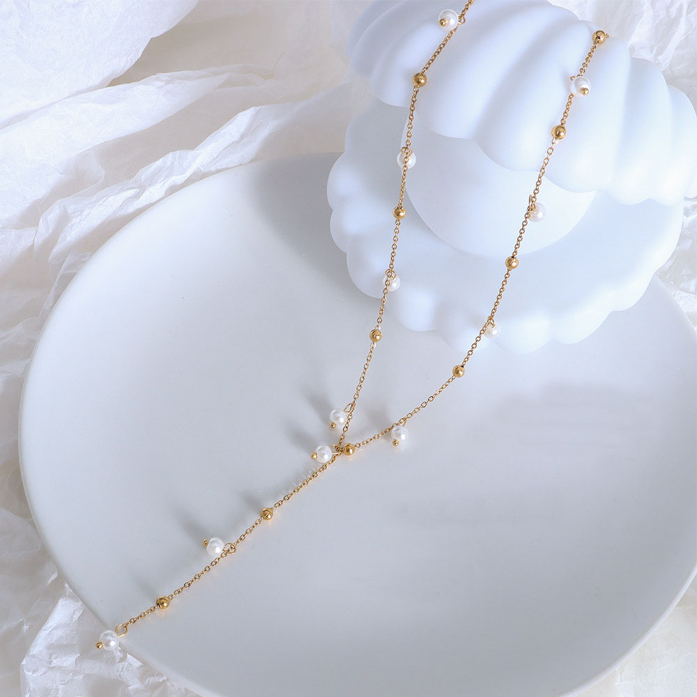 French Style Imitation Baroque Pearl Necklace 18K PVD Gold Plated Y-Shape Pendant Tassel Necklace - Image 2