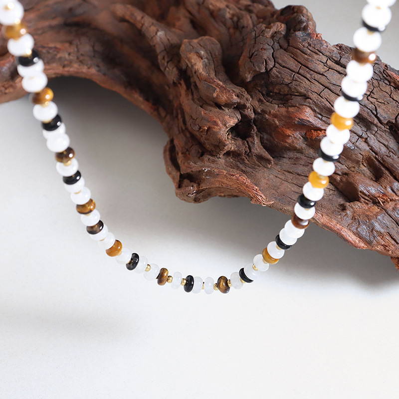 Simple Natural White Jade Tiger Eye Stone Handmade Beaded Black Onyx Material Necklace for Women - Image 2