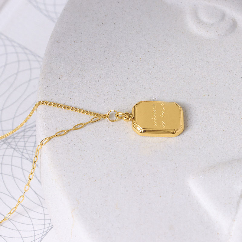 French Choker 3D Square Mini Gold Bar Letter Double Pendant Necklace 18K PVD Gold Plated Choker Necklace for Women - Image 2
