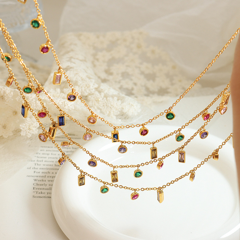 Non-Fading Ins Style Multi-Colored Zircon Jewelry Set with Tassel Necklace 18K PVD Gold Plated Bracelet - Image 2