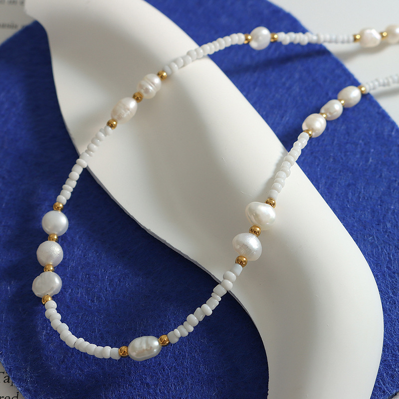 Delicate Aesthetic Non-Fading French Vintage Glass Bead Freshwater Pearl Pendant Necklace 18K PVD Gold Plated Beaded Jewelry - Image 2