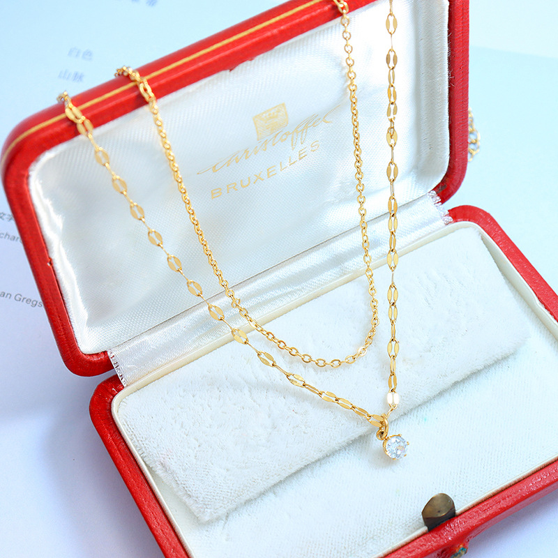 Korean Ins Style Simple Small Necklace Double-Layered Design Zircon Chain 18K PVD Gold Plated Choker Necklace for Women - Image 4